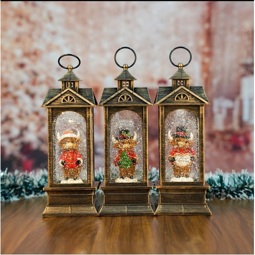 Christmas Snow Lantern Highland Cow Brass Set of 3