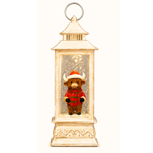 Christmas Snow Lantern Highland Cow Cream Santa Hat