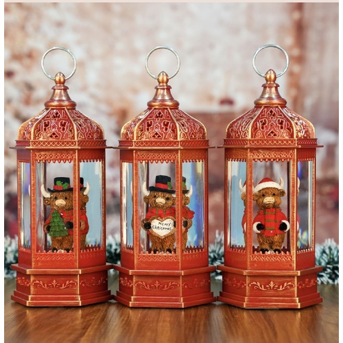 Christmas Snow Lantern Highland Cow Red Set of 3